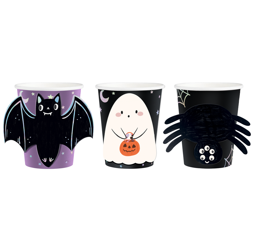Halloween Spooky Friends pappersmuggar 270 ml med spöke, fladdermus och spindel till Halloweenkalas.