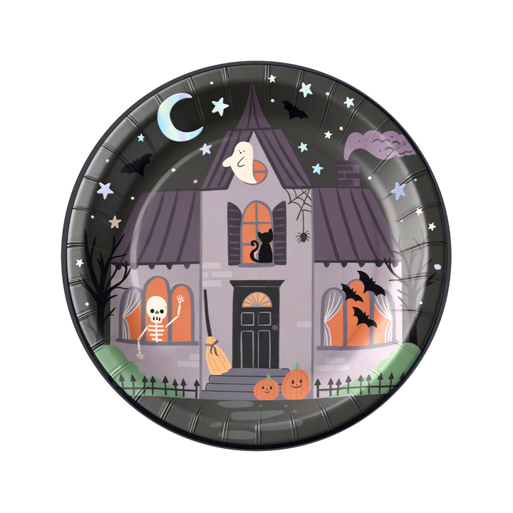 Halloween Spooky Friends papptallrik 18 cm med spökhus, spöken, fladdermöss och pumpor, för Halloweenkalas och barnkalas