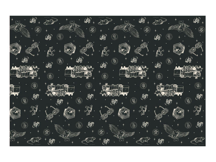  Svart Harry Potter-bordsduk 180 × 120 cm med Hogwarts Express, ugglor och beige motiv till barnkalas och Harry Potter-kalas