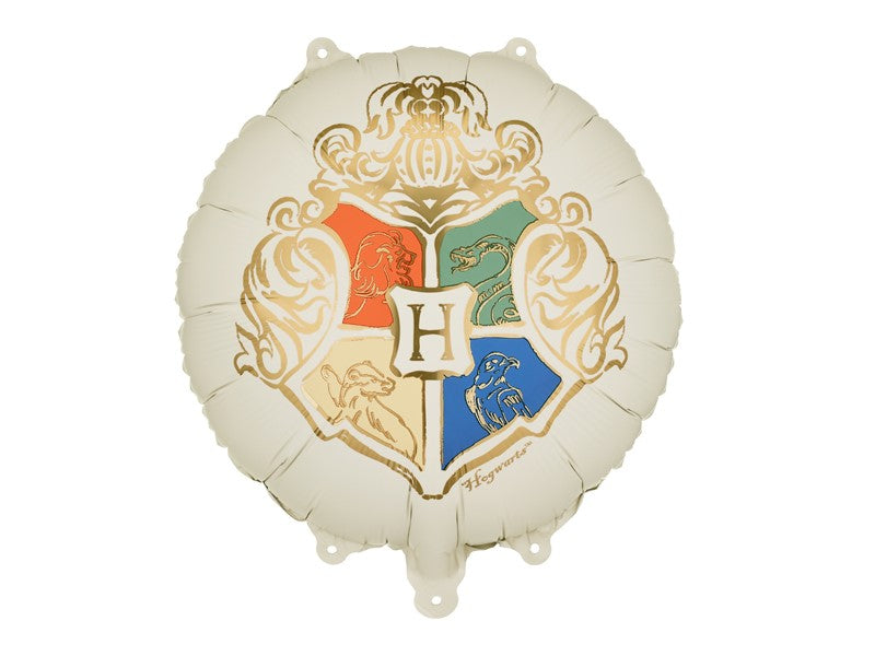 Beige Harry Potter-folieballong med Hogwarts vapensköld och de fyra elevhemmens färger, cirka 35 cm. Till barnkalas och Harry Potter-kalas.