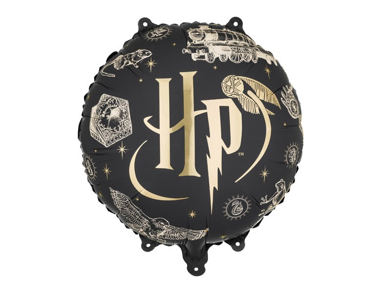 Svart Harry Potter-folieballong 35 cm med HP-symbolen i guld och små motiv från Harry Potters värld för barnkalas och temafester med Harry Potter-tema