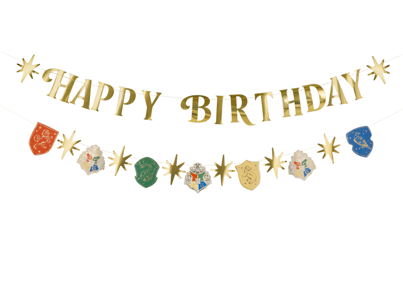 Harry Potter Happy Birthday-girlang i guld med Hogwarts elevhem och stjärnor, ca 200 cm till Harry Potter-kalas och barnkalas