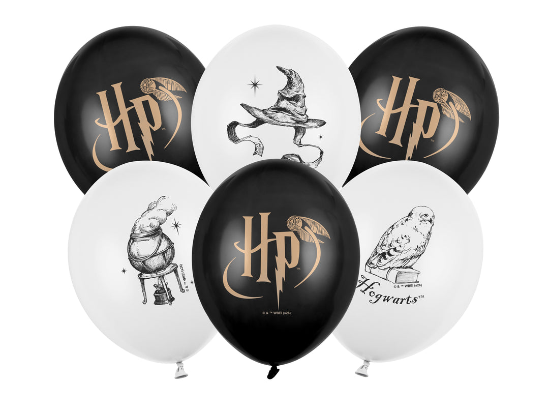 Harry Potter latexballonger 30 cm i svart och vitt med HP-symbolen, sorteringshatten, Hedwig och en kittel, 6-pack. Till barnkalas och Harry Potter-kalas