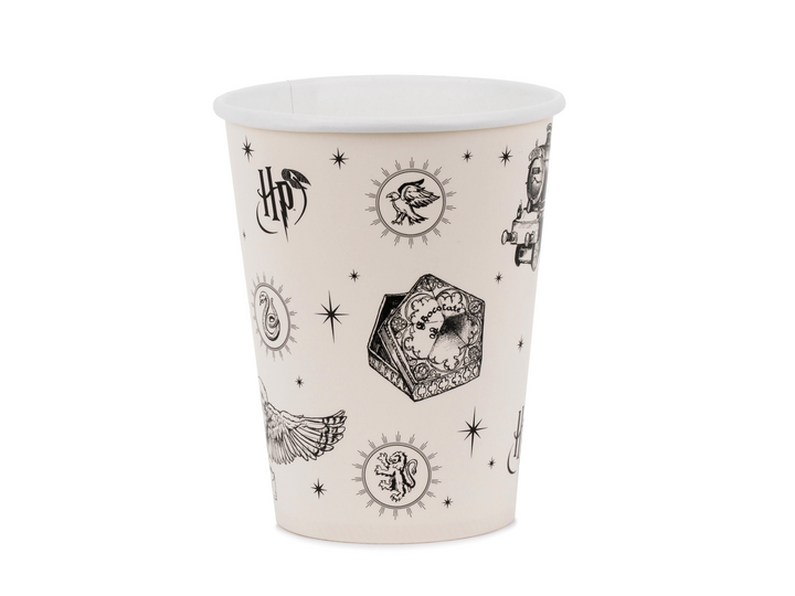 Harry Potter pappmuggar beige 250 ml med svarta Harry Potter-motiv, 6-pack för barnkalas och Harry Potter-kalas