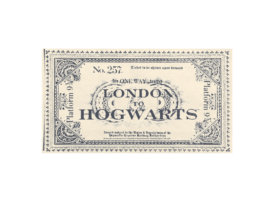 Harry Potter servetter med motiv av en tågbiljett London to Hogwarts för barnkalas och Harry Potter-kalas