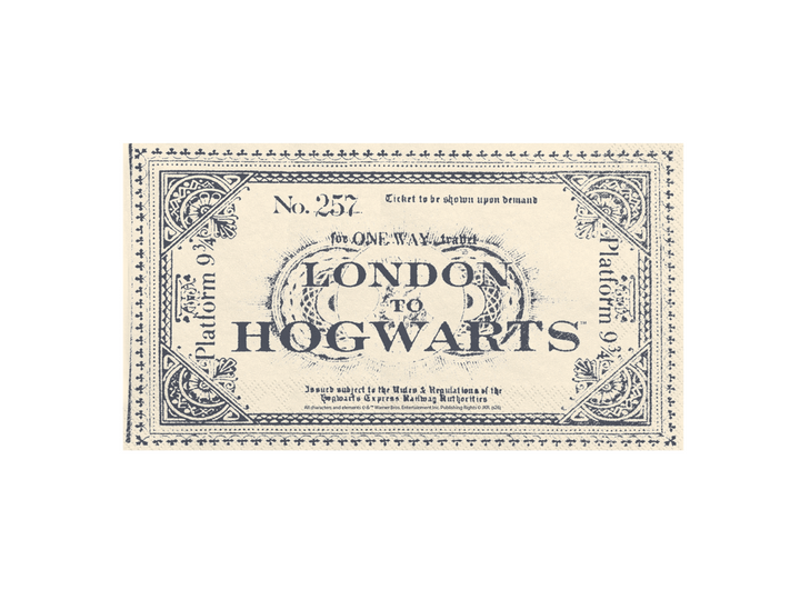 Harry Potter servetter med motiv av en tågbiljett London to Hogwarts för barnkalas och Harry Potter-kalas