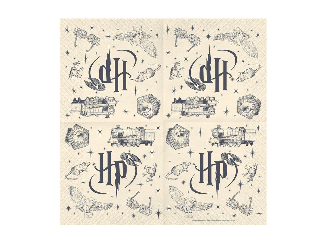 Harry Potter servetter beige utvikt 33 x 33 cm med Hogwarts Express, Hedwig och Harry Potter-motiv till barnkalas