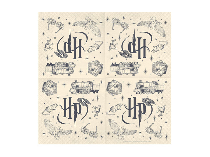 Harry Potter servetter beige utvikt 33 x 33 cm med Hogwarts Express, Hedwig och Harry Potter-motiv till barnkalas