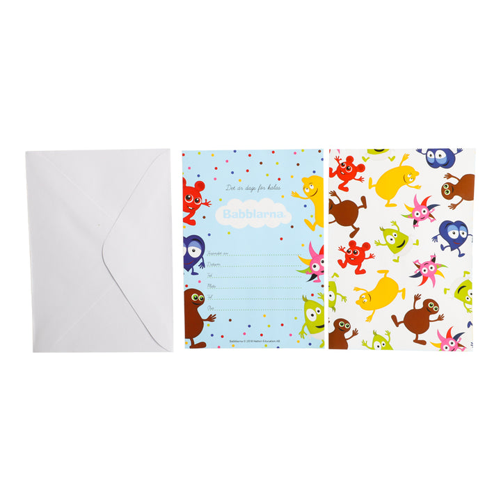 Inbjudningskort och kuvert med Babblarna-motiv, svensk text för barnkalas