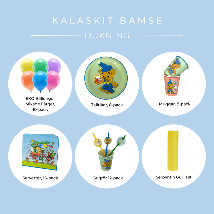 Innehåll dukningpaket med Bamse motiv för barnkalas
