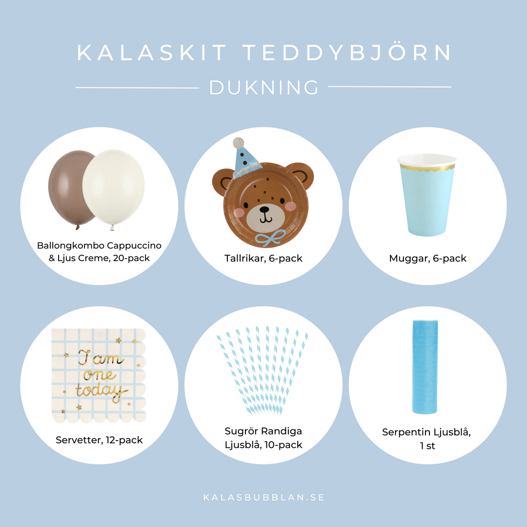 Innehållsbild för dukningskit Teddybjörn 1års-kalas. Tallrikar, muggar, servetter, ballonger för barnkalas
