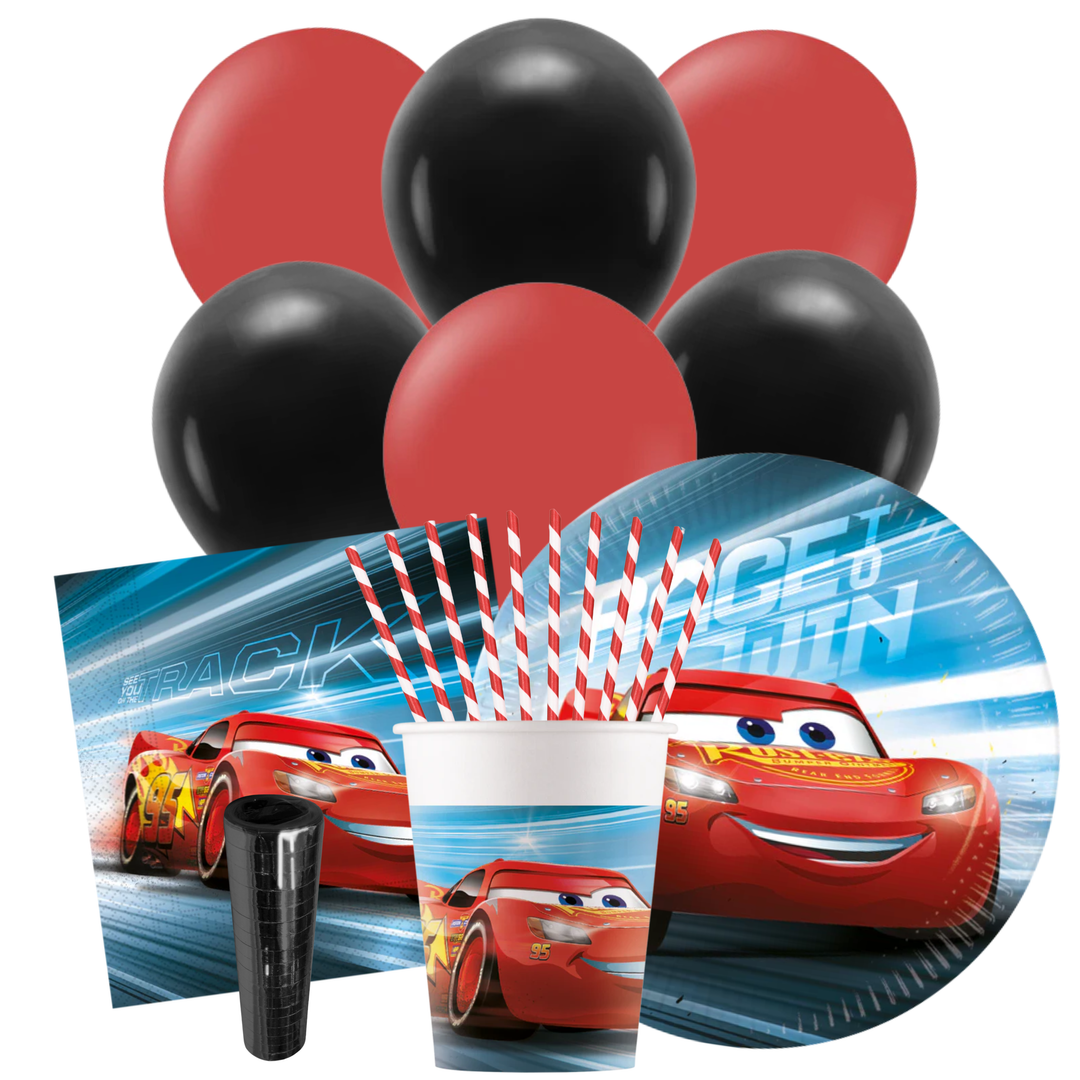 Blixten McQueen kalaspaket med tallrikar, muggar, servetter och ballonger till Cars-kalas, barnkalas och födelsedag