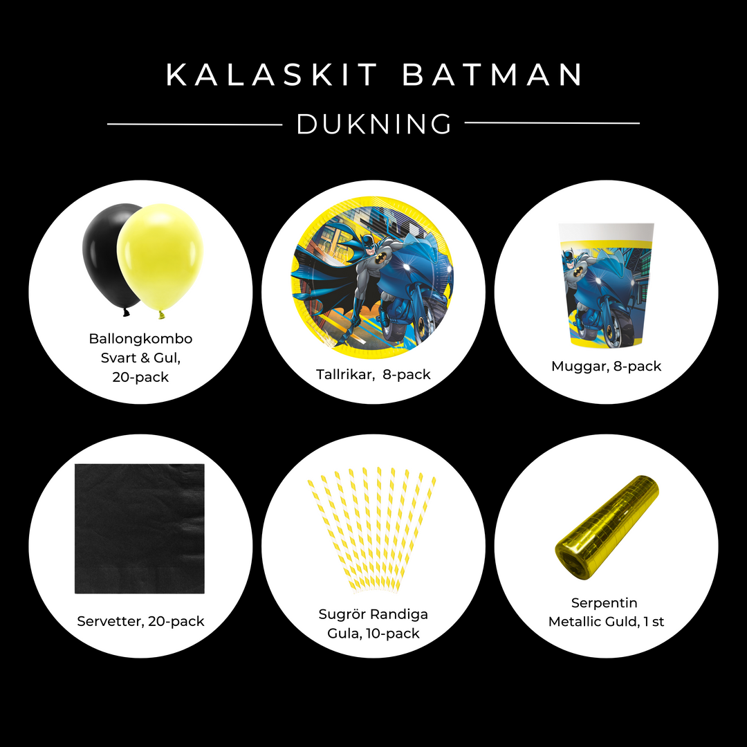 Innehåll kalaskit med Batman-tema för barnkalas