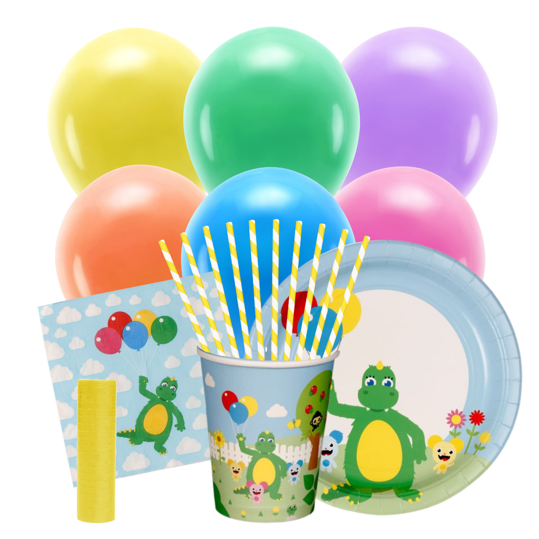 Bolibompa kalaskit dukning med muggar, tallrikar och servett och färgglada ballonger till Bolibompakalas, barnkalas och födelsedag