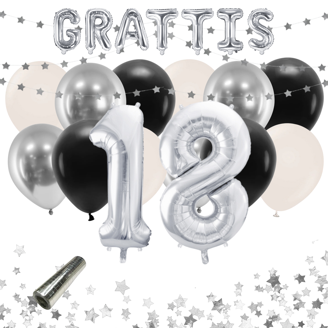 Färdigt festkit med ballonger och dekorationer i färgerna silver och svart svart, till 18-årsfest och födelsedag.