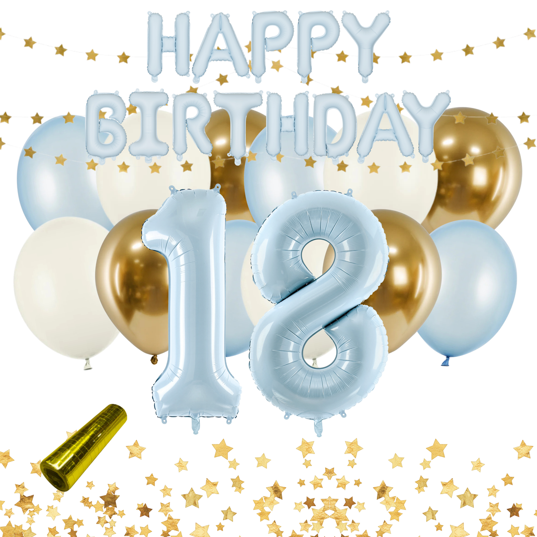 Festkit Ljusblå 18 år med Happy Birthday-ballong, sifferballonger 18 och ballonger i ljusblått, beige och guld. Dekorera till 18-årsfirande och födelsedag