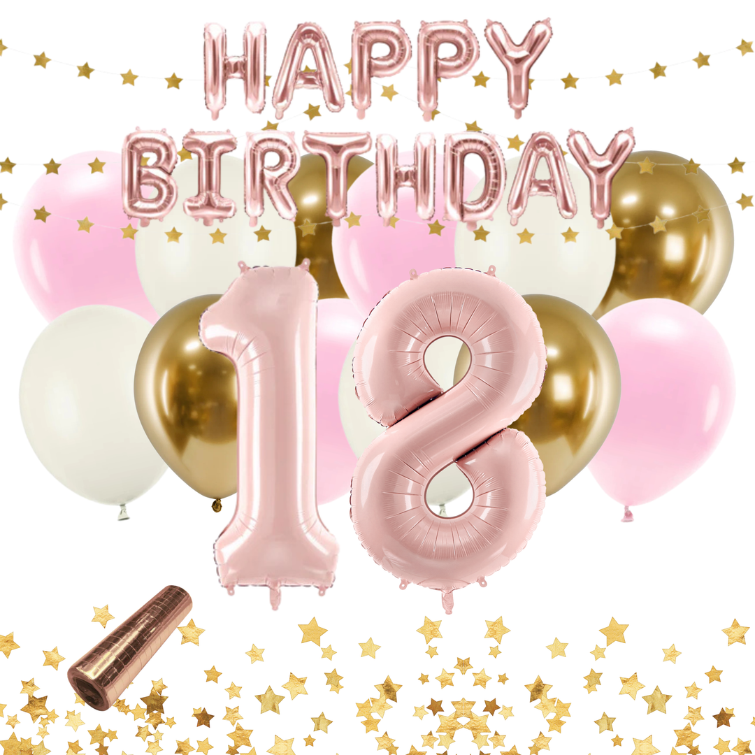 Festkit med ballonger och kalasdekorationer i rosa och guld. Dekorera till 18-årsfirande och födelsedag