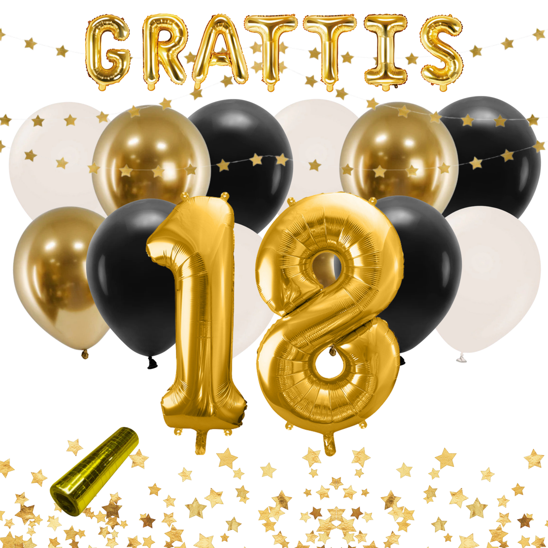 Festkit med dekorationer i färgerna svart och guld, till 18-års fest och födelsedag.