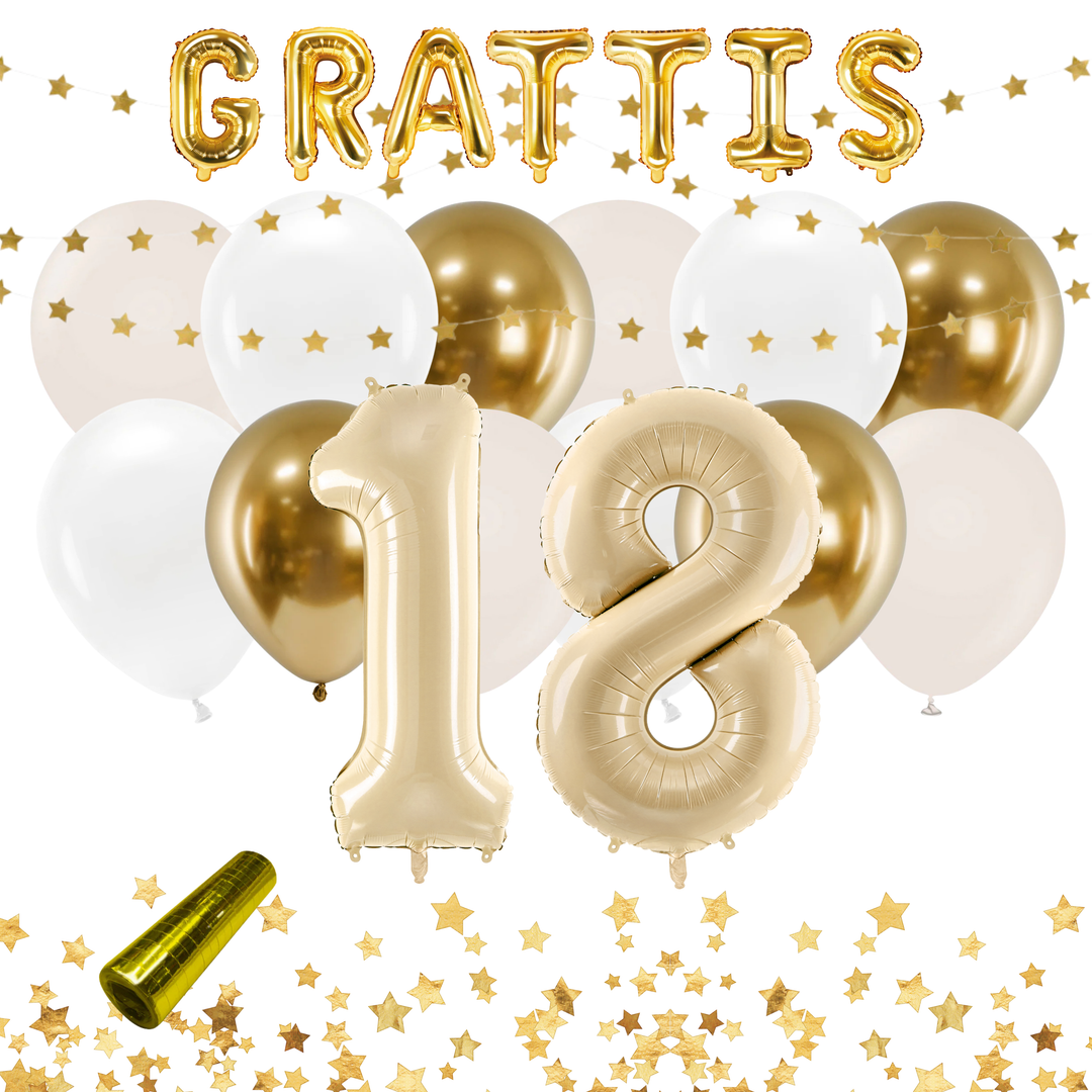 Festkit med ballonger och dekorationer i färgerna beige och guld, till 18-årsfest och födelsedag.