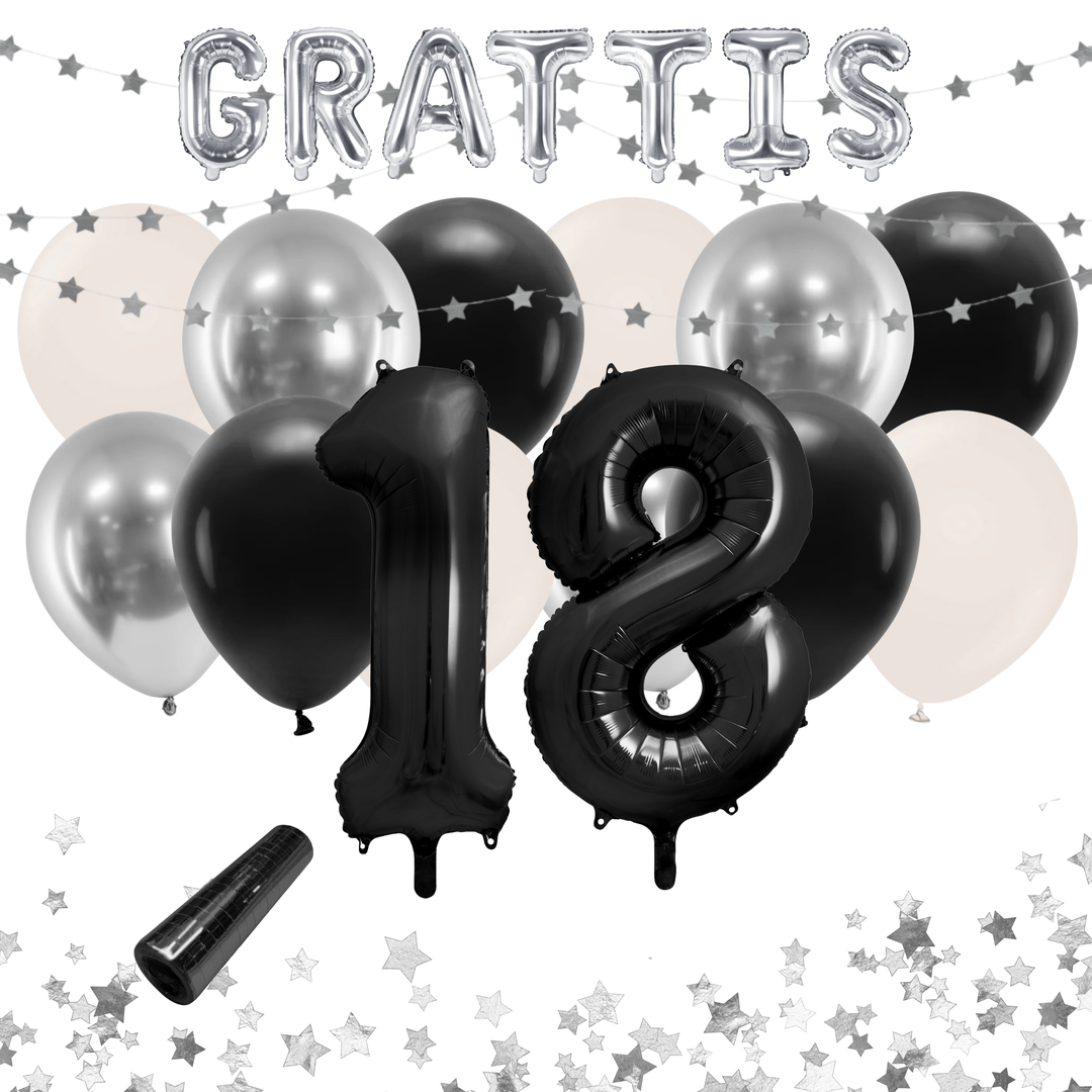Festkit 18 år i svart och silver med ballonger och dekorationer.