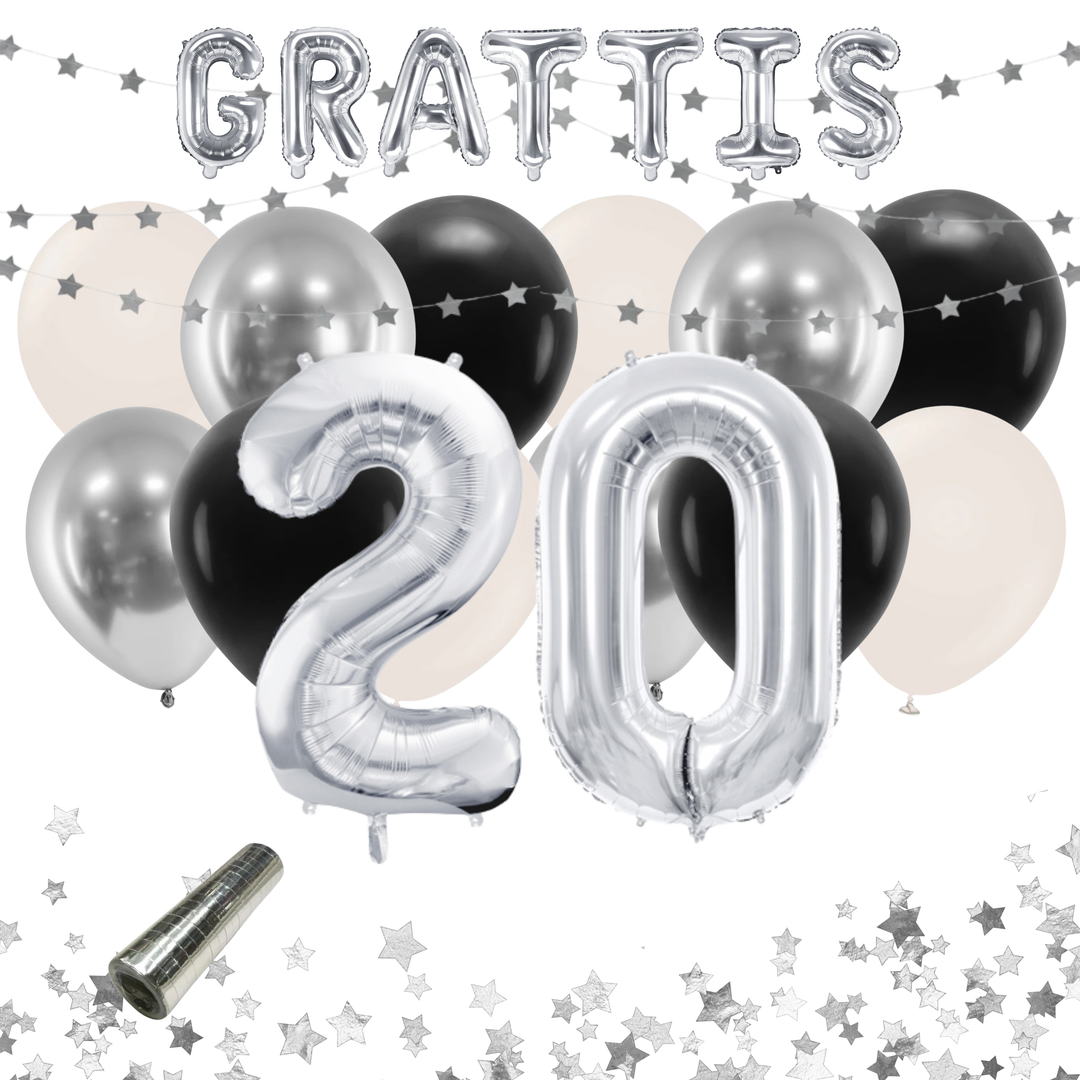 Festkit med dekorationer och ballonger i färgerna svart och silver, till 20-årsfest och födelsedag.