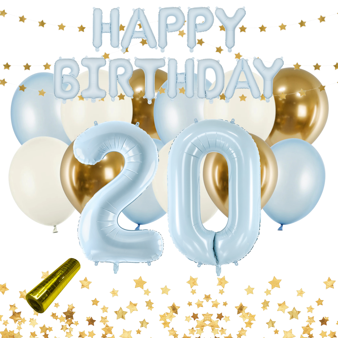 Festkit Ljusblå 20 år med Happy Birthday-ballong, sifferballonger 20 och ballonger i ljusblått, beige och guld. Dekorera till 20-årsfest och födelsedag.