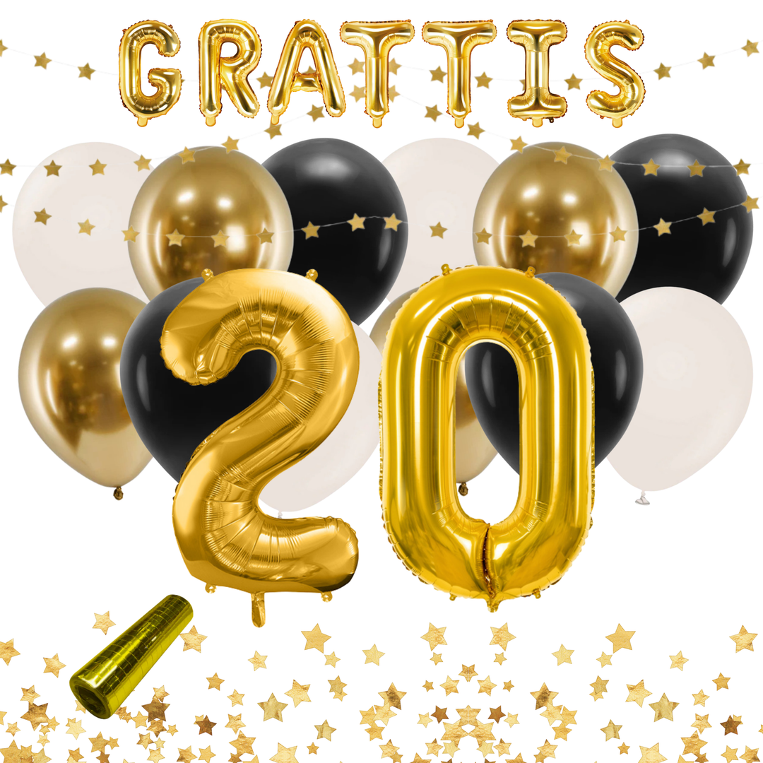 Festkit med dekorationer i färgerna svart och guld, till 20-årsfest och födelsedag.