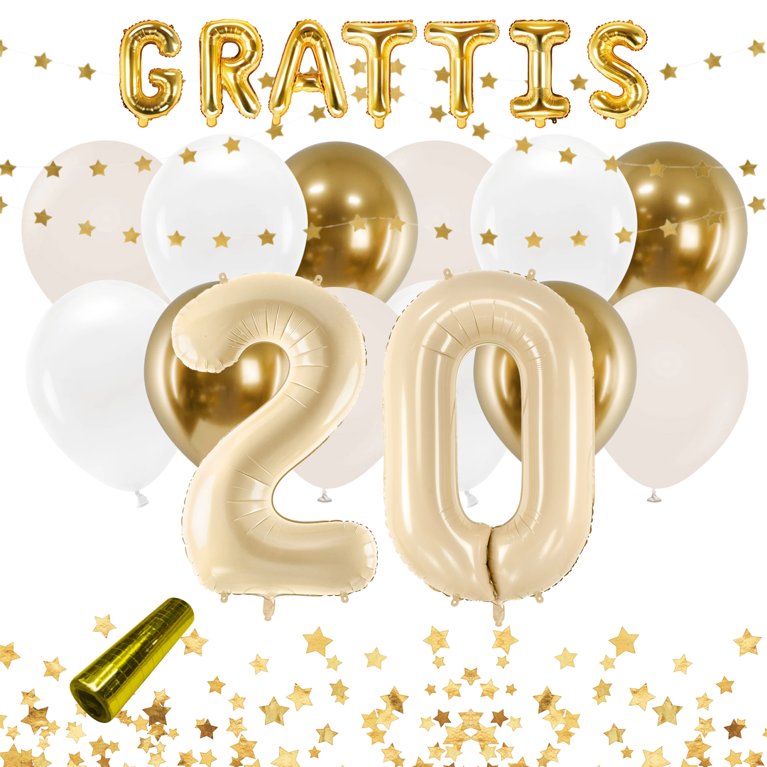 Festkit med dekorationer och ballonger i färgerna beige och guld, till 20-årsfest och födelsedag.