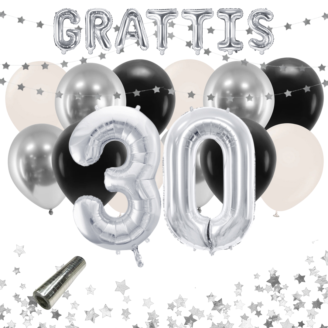 Färdigt festkit med ballonger och dekorationer i silver och svart för 30-årsfest och födelsedag