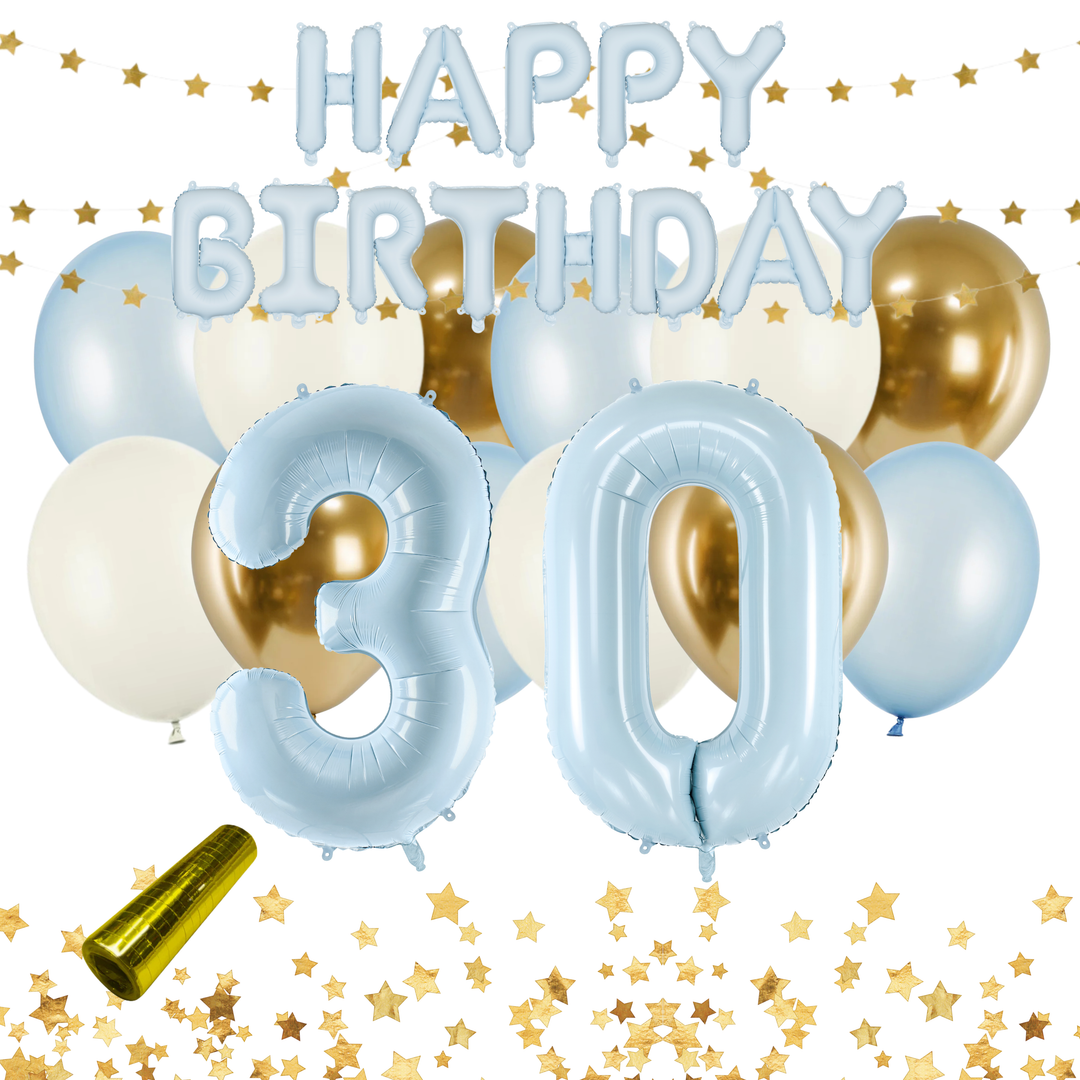 Festkit Ljusblå 30 år med Happy Birthday-bokstäver, sifferballonger 30 och ballonger i ljusblått, beige och guld. Dekorera till 30-årsfest och födelsedag.