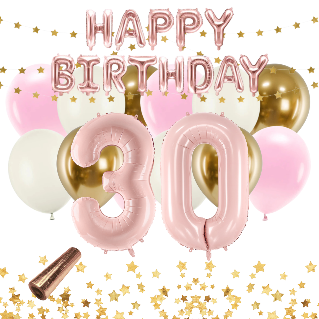 Festkit med matchande ballonger och dekorationer i rosa och guld till 30-årsfest och födelsedag.