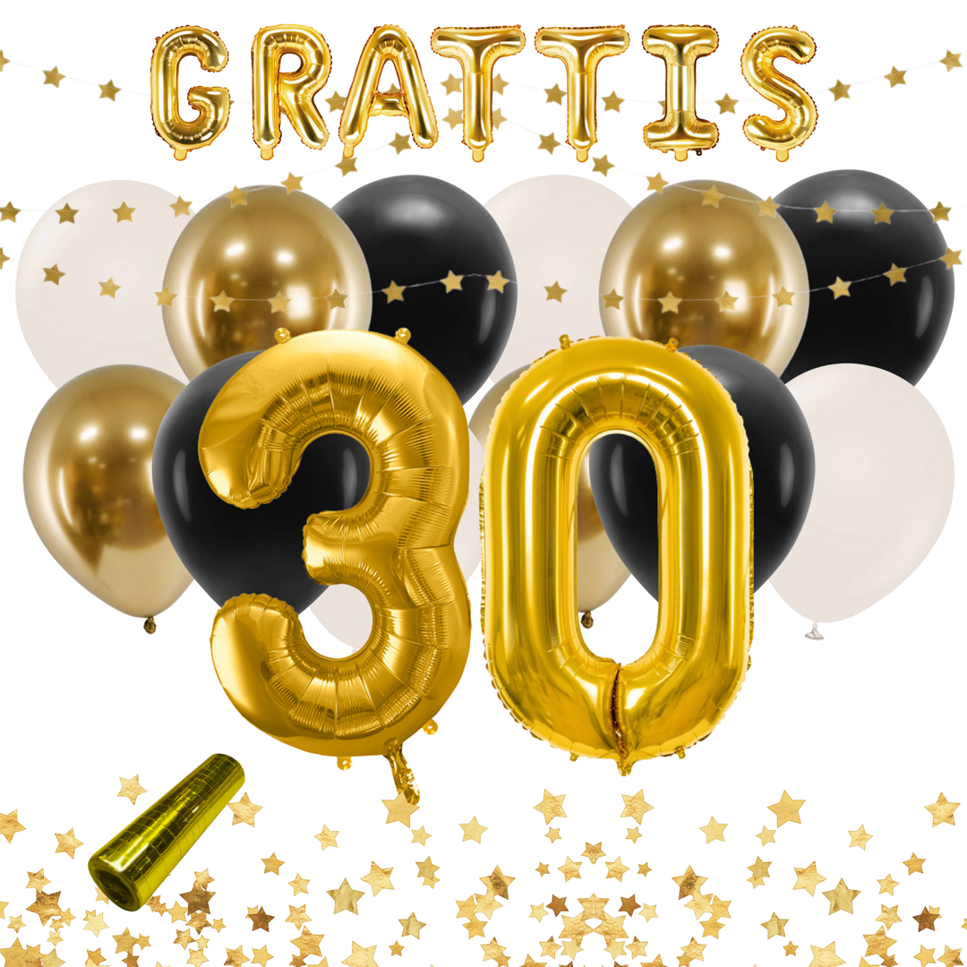 Festkit med dekorationer i färgerna svart och guld, till 30-årsfest och födelsedag.