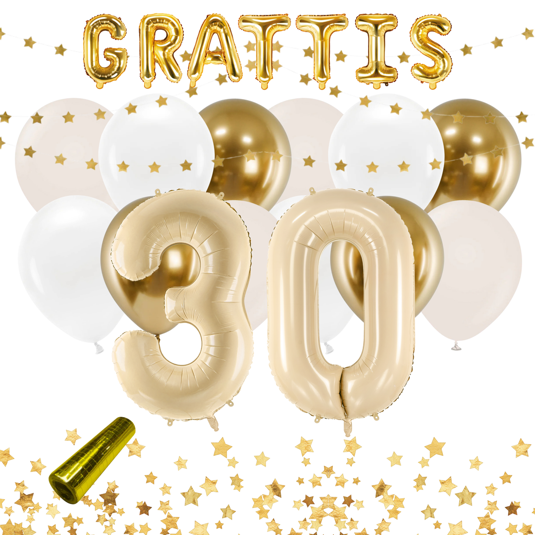 Festkit med ballonger och dekorationer i färgerna beige och guld, till 30-årsfest och födelsedag.