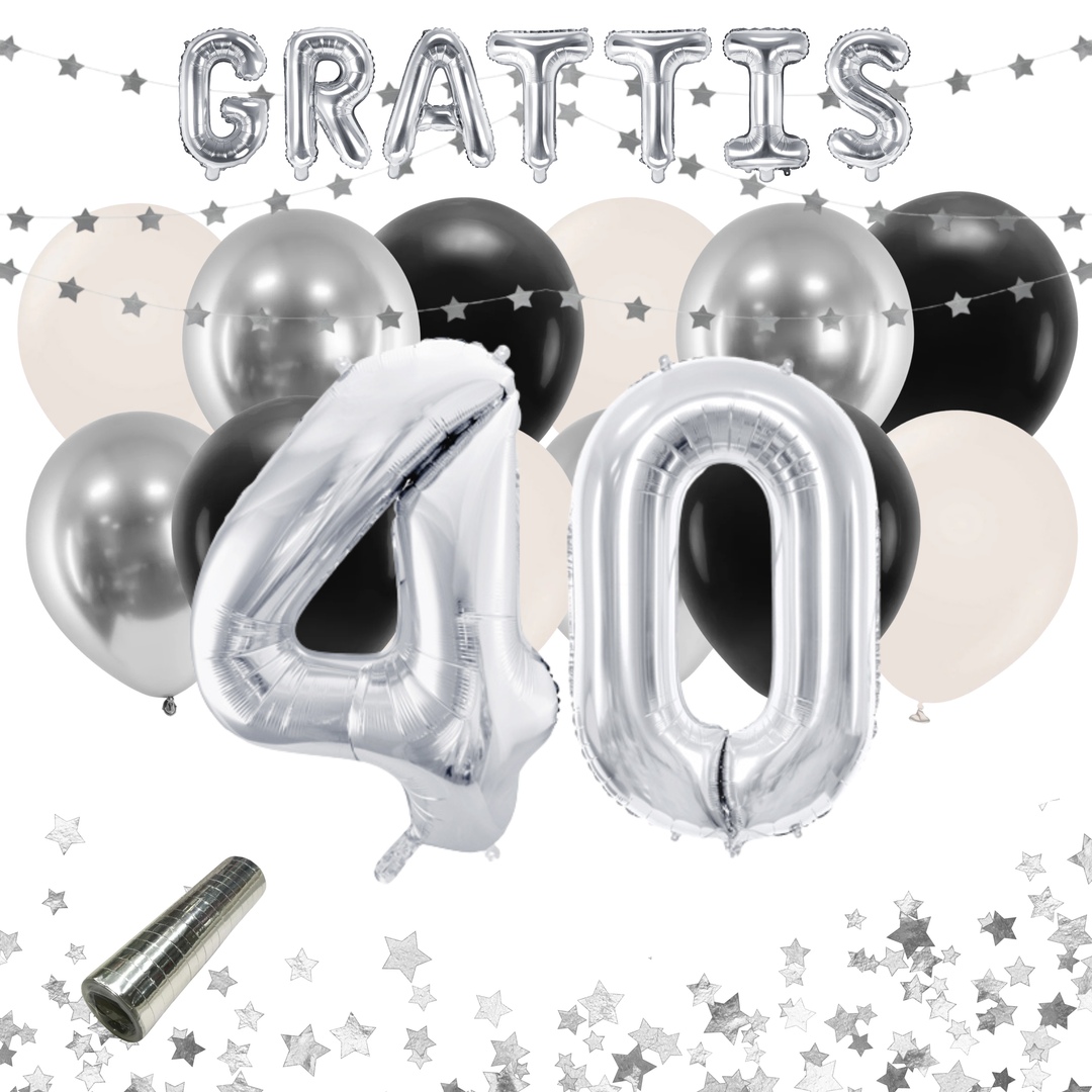 Festkit med dekorationer och ballonger i färgerna silver och svart, till 40-årsfest och födelsedag.