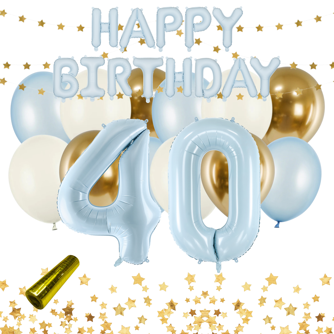 Festkit Ljusblå 40 år med ljusblå, beige och guld ballonger, Happy Birthday-ballong, sifferballonger och dekorationer till 40-årsfest och födelsedag.