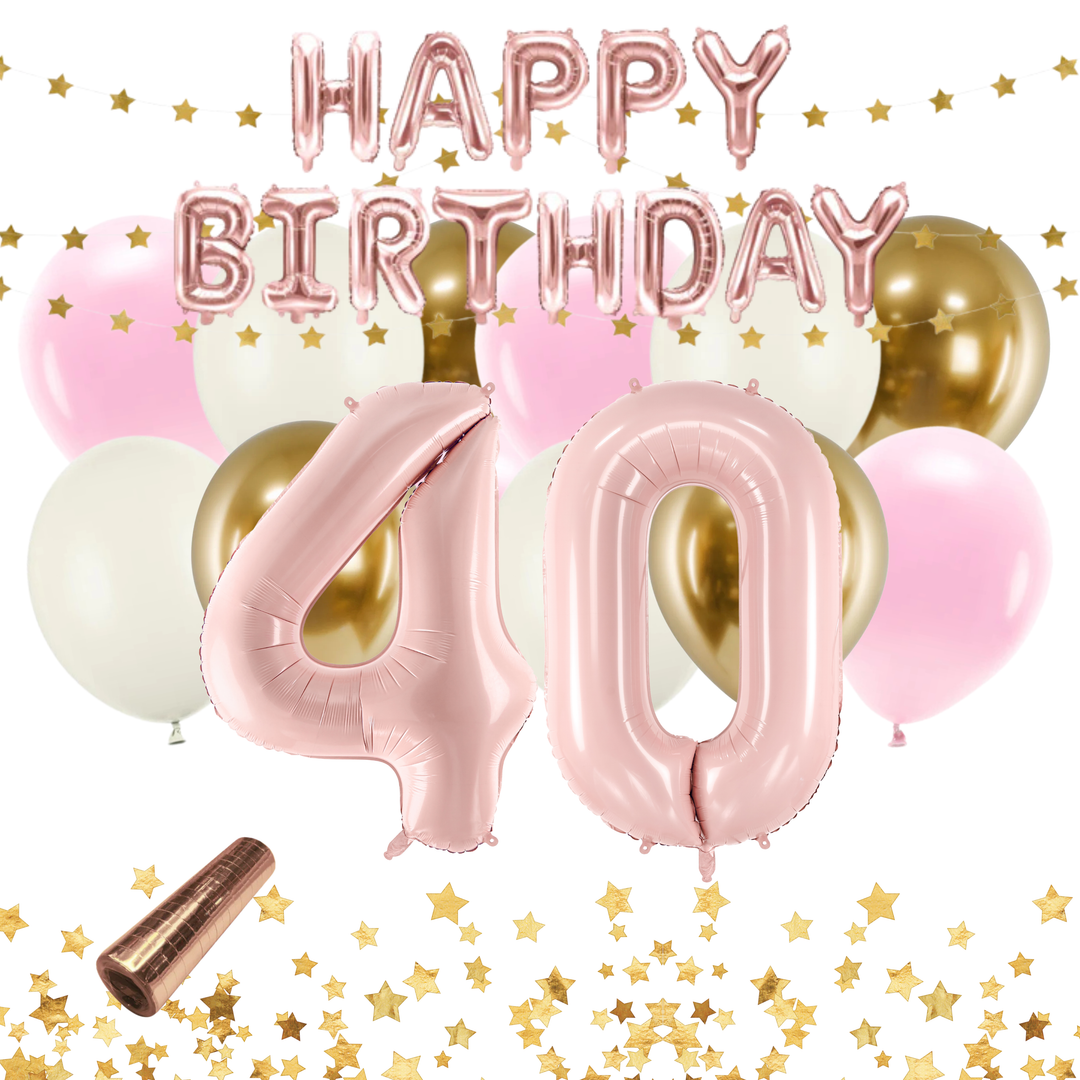 Festkit med matchande ballonger och festdekorationer i rosa och guld, till födelsedagsfiranden och 40-årsfest.