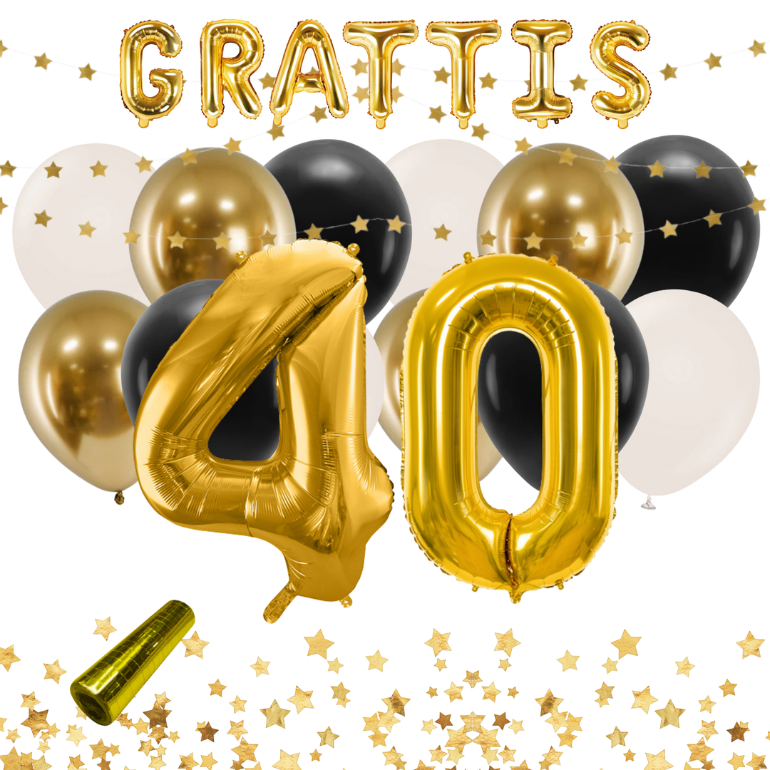 Festkit med dekorationer i färgerna svart och guld, till 40-årsfest och födelsedag.