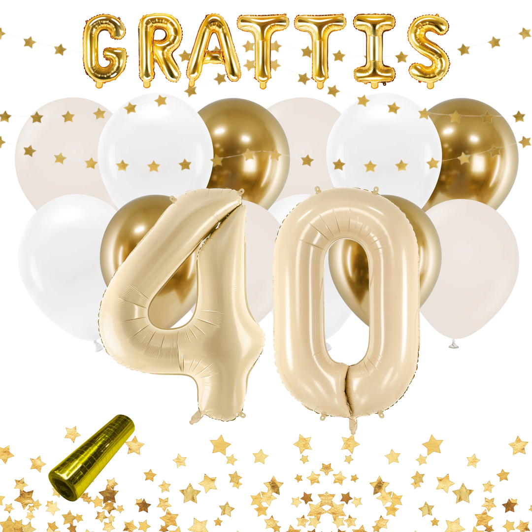 Festkit i beige och guld med sifferballonger, latexballonger och dekorationer för 40 års fest och födelsedag
