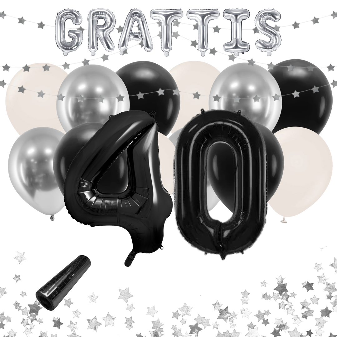 Festkit 40 år i svart och silver med ballonger och dekorationer.