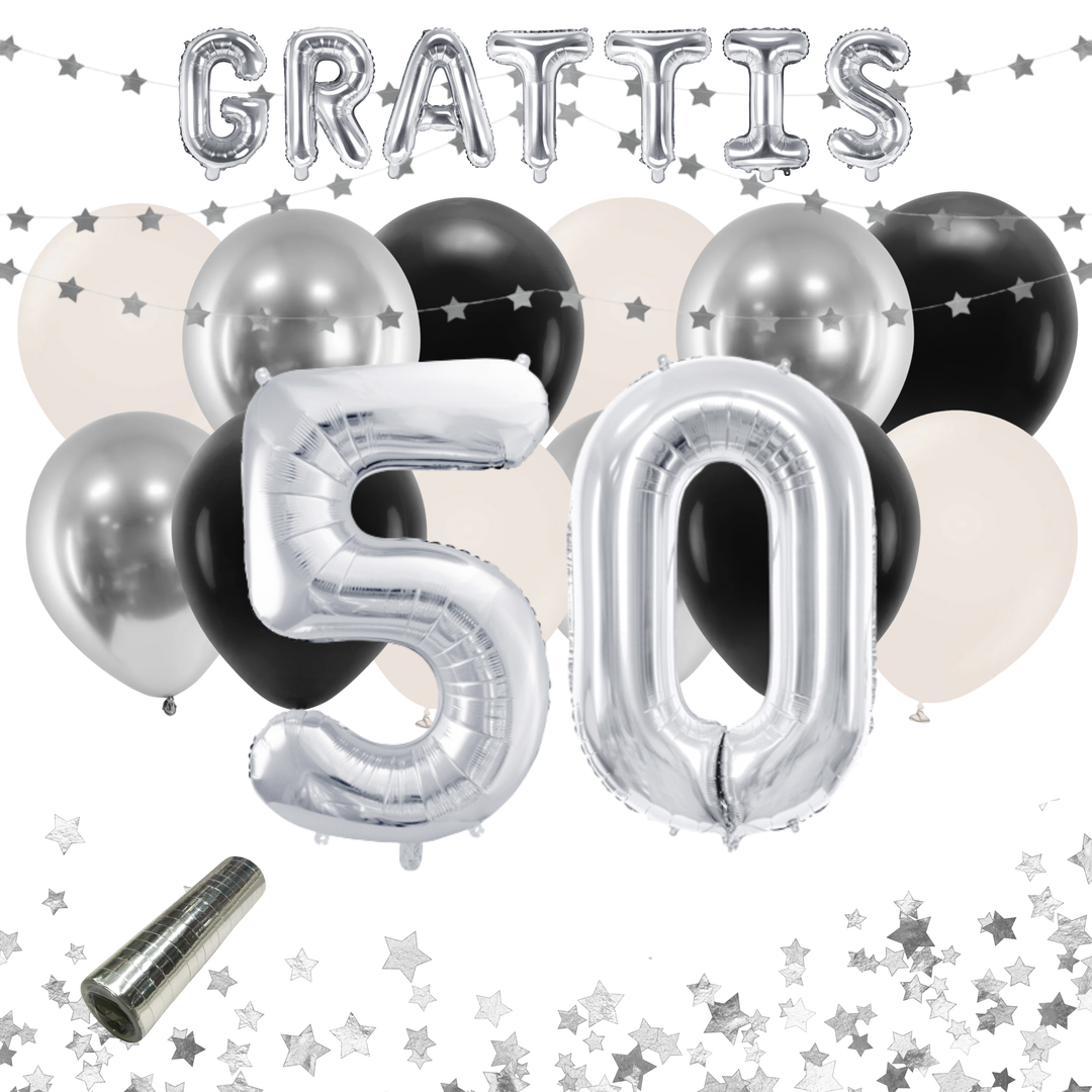 Färdigt festkit med ballonger och dekorationer i färgerna silver och svart, till 50-årsfest och födelsedag.
