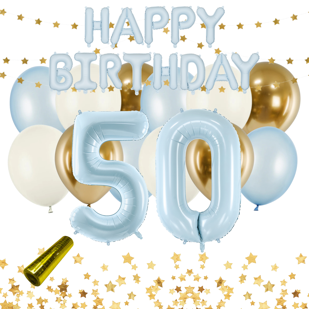 Festkit Ljusblå 50 år med Happy Birthday-bokstäver, sifferballonger 50 och ballonger i ljusblått, beige och guld för 50-årsfst och födelsedag.