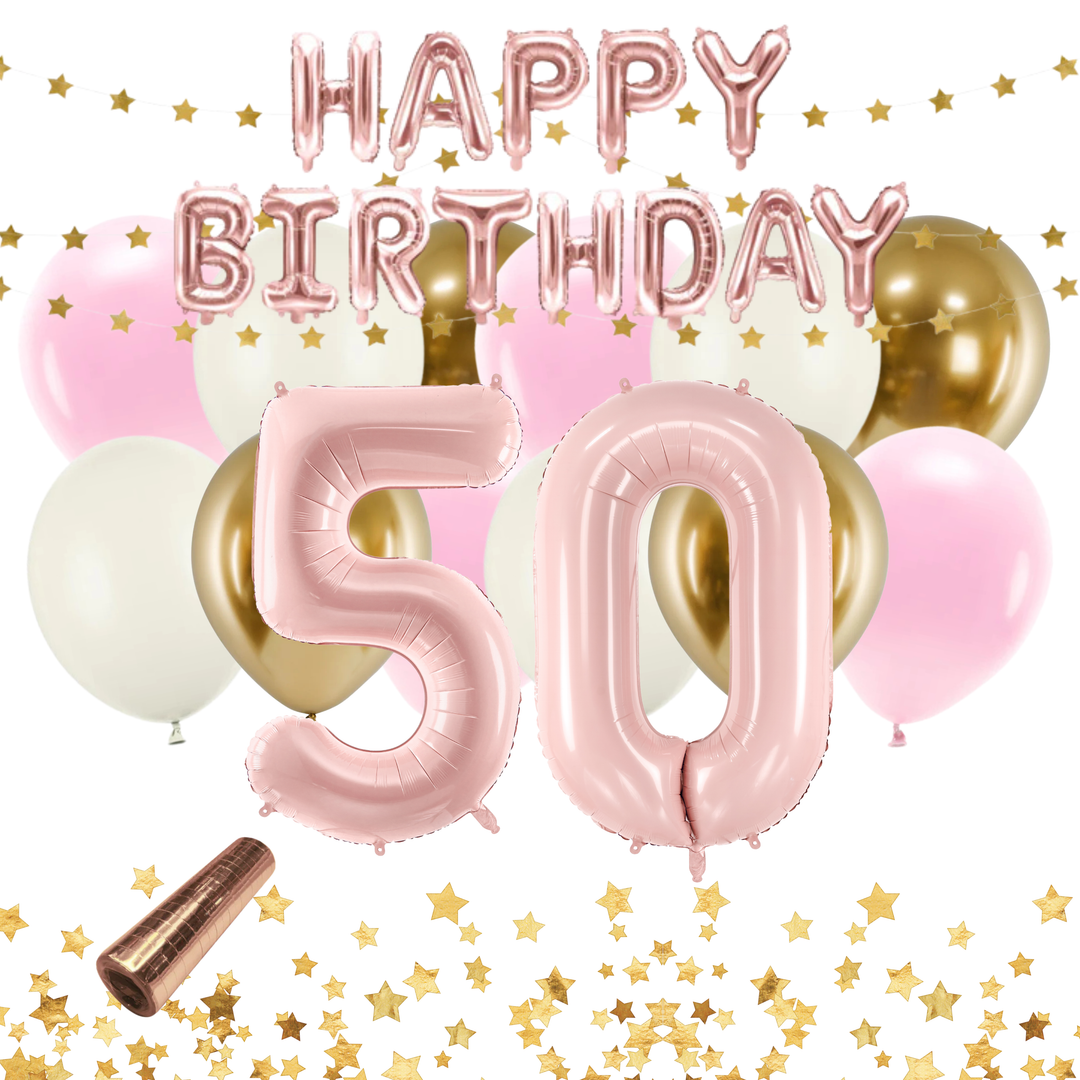 50-års Festkit i rosa och guld med ballonger och festdekorationer