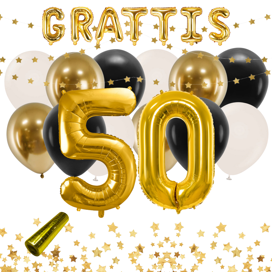 Festkit med dekorationer i färgerna svart och guld, till 50-årsfest och födelsedag.