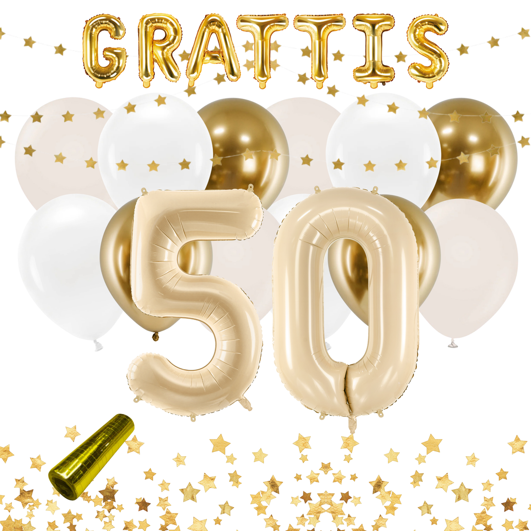 Festkit i beige och guld med dekorationer, sifferballonger och latexballonger i beige och guld till 50-årsfest och födelsedag.