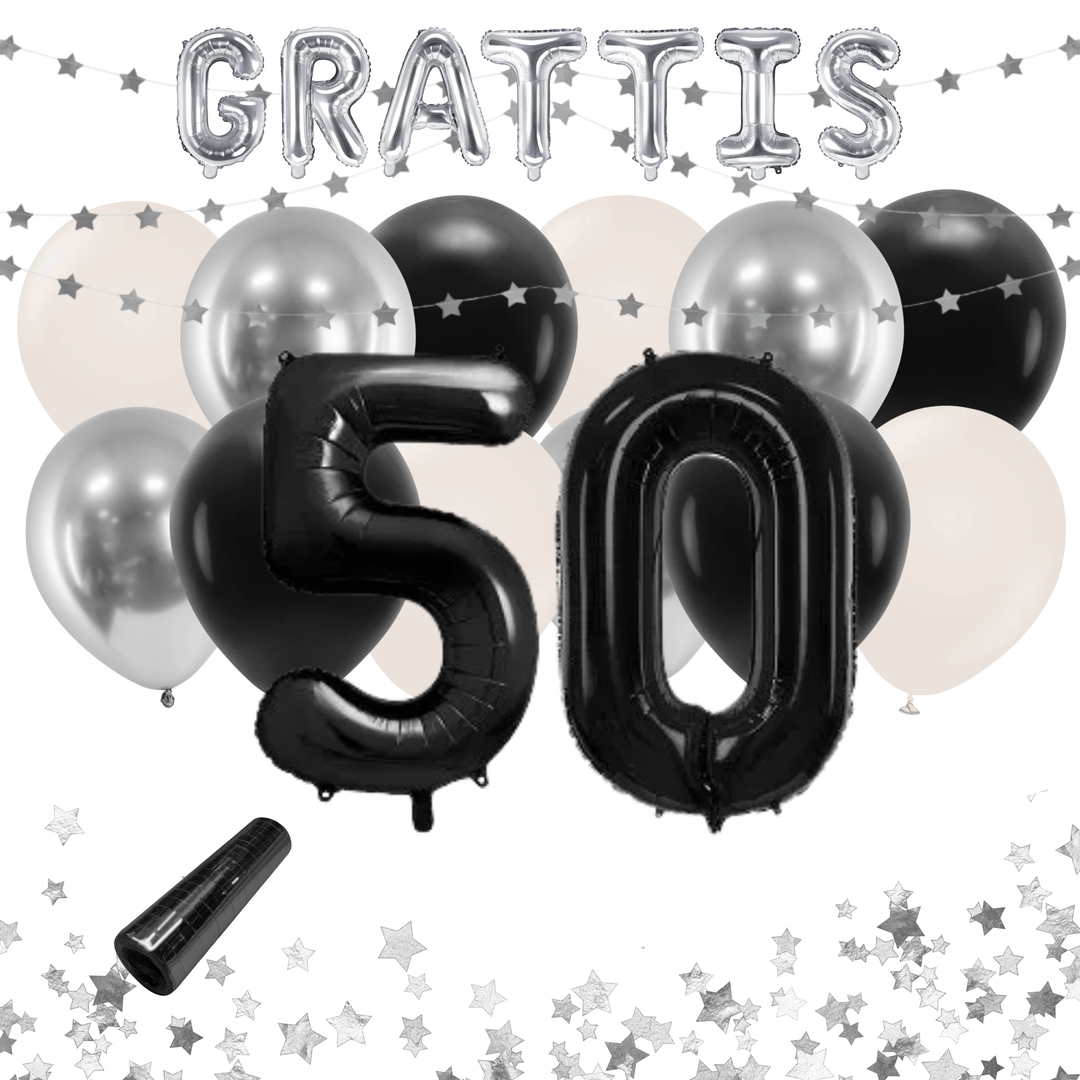 Festkit 50 år i svart och silver med ballonger och dekorationer.