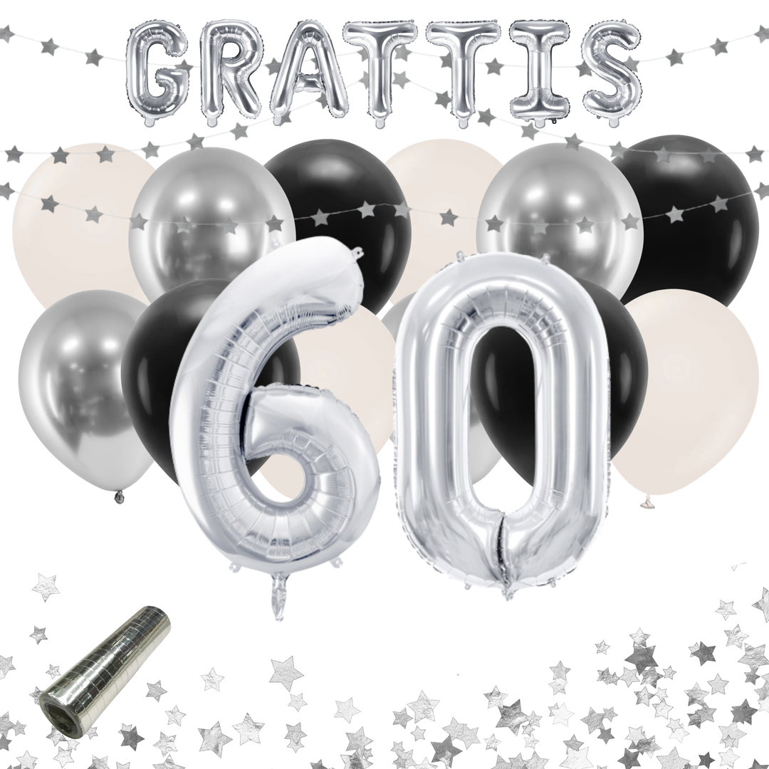 Färdigt festkit med ballonger och dekorationer i silver och svar, till 60-årsfest och födelsedag