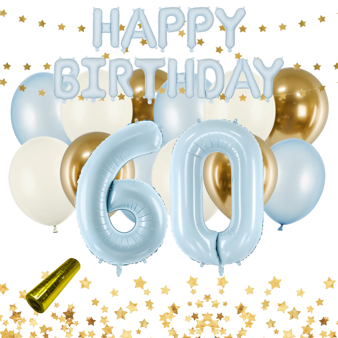Festkit Ljusblå 60 år med Happy Birthday-bokstäver, sifferballonger 60 och ballonger i ljusblått, beige och guld för 60-årsfest och födelsedag