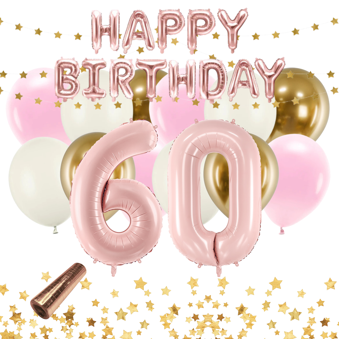 Festkit i rosa och guld med matchande ballonger och festdekorationer till 60-årsfest och födelsedag