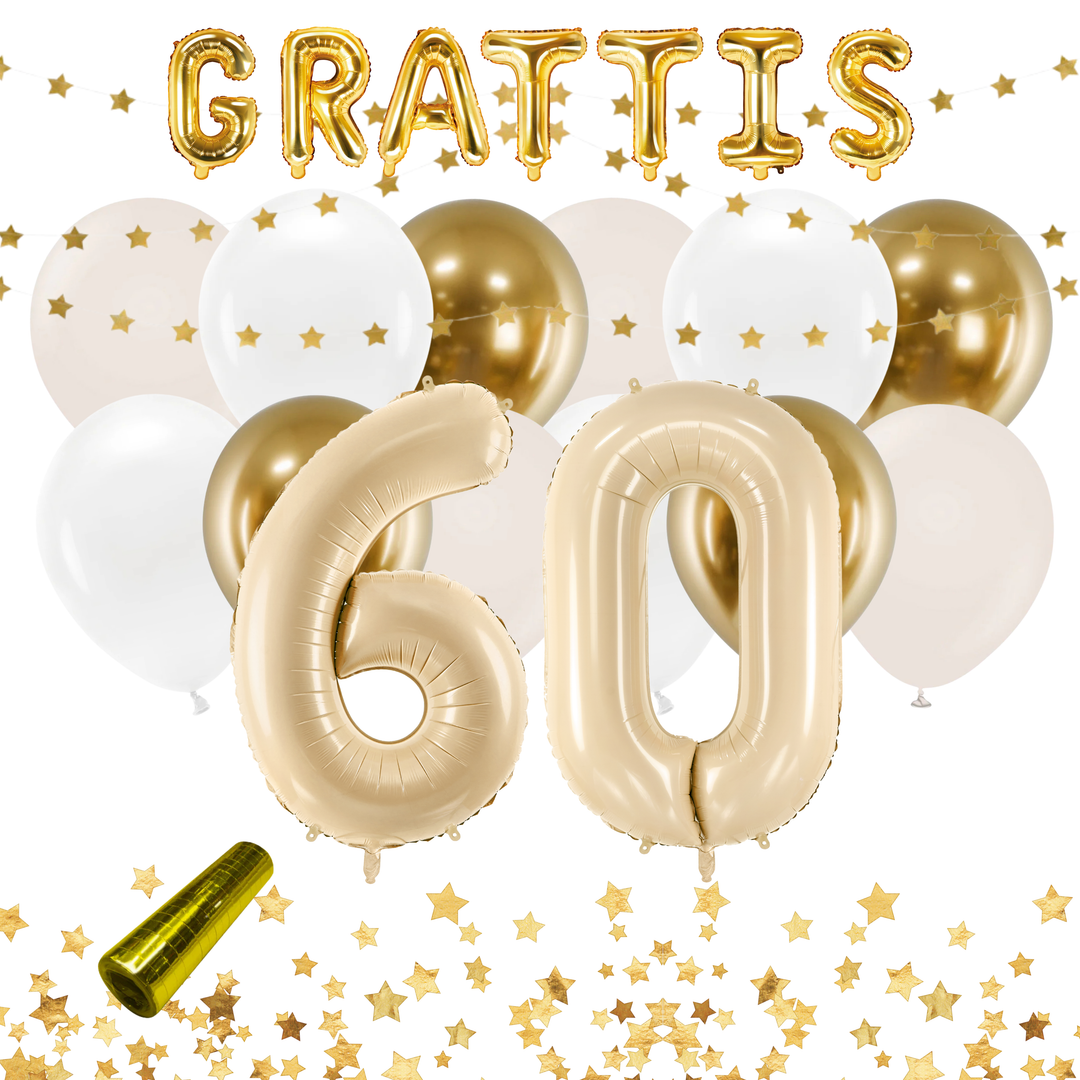 Festkit med sifferballonger, latexballonger och dekorationer i beige och guld till 60-årsfest och födelseag