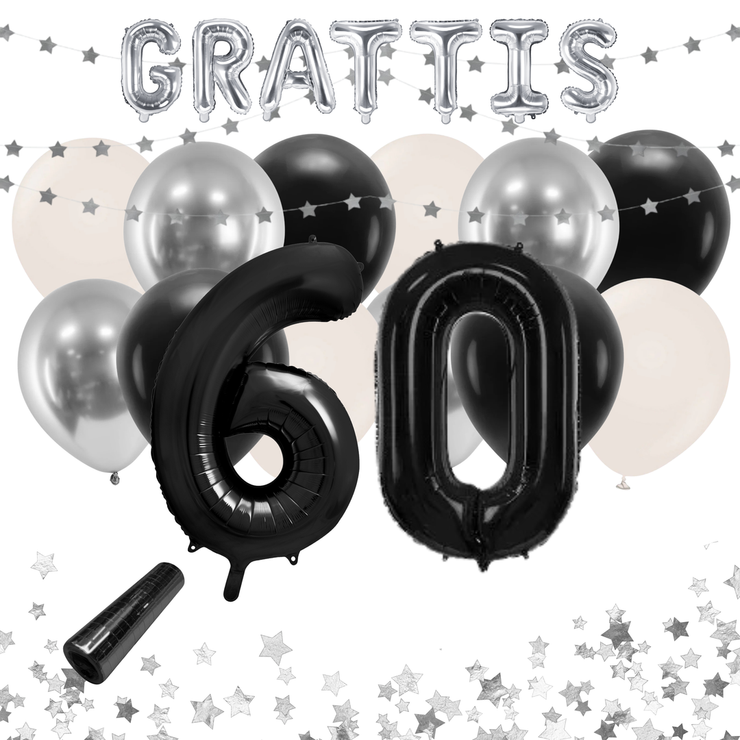Festkit 60 år i svart och silver med ballonger och dekorationer.